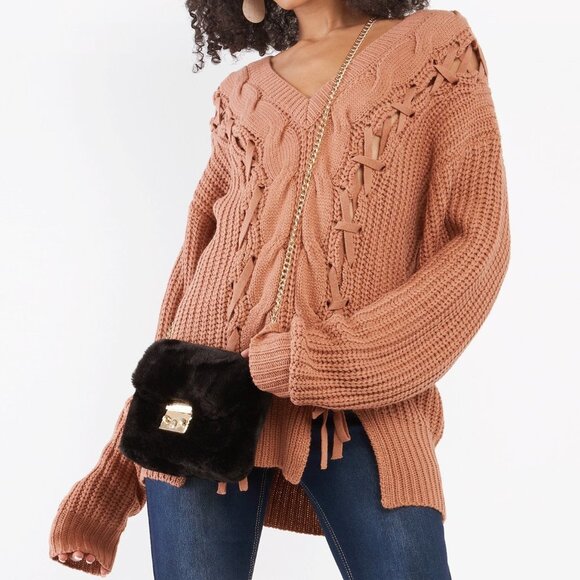 NEW Salmon Camel Laced Up Braid Cable Off Shoulder V Neck Longline Tunic Sweater - Picture 3 of 10